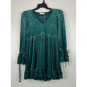 New In Collection Women Small Green Babydoll Dress Leopard Print Velvet Feel